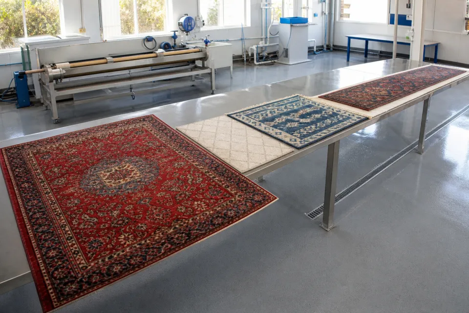 Halı yıkama fabrikasında ayıklama masasında yan yana duran farklı ölçü ve türde halılar